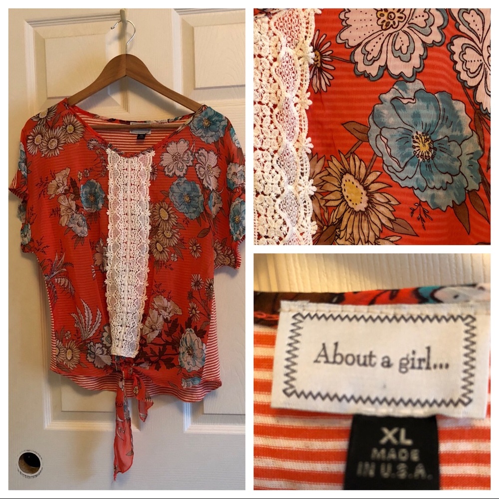 About A Girl floral lace striped blouse SZ xl